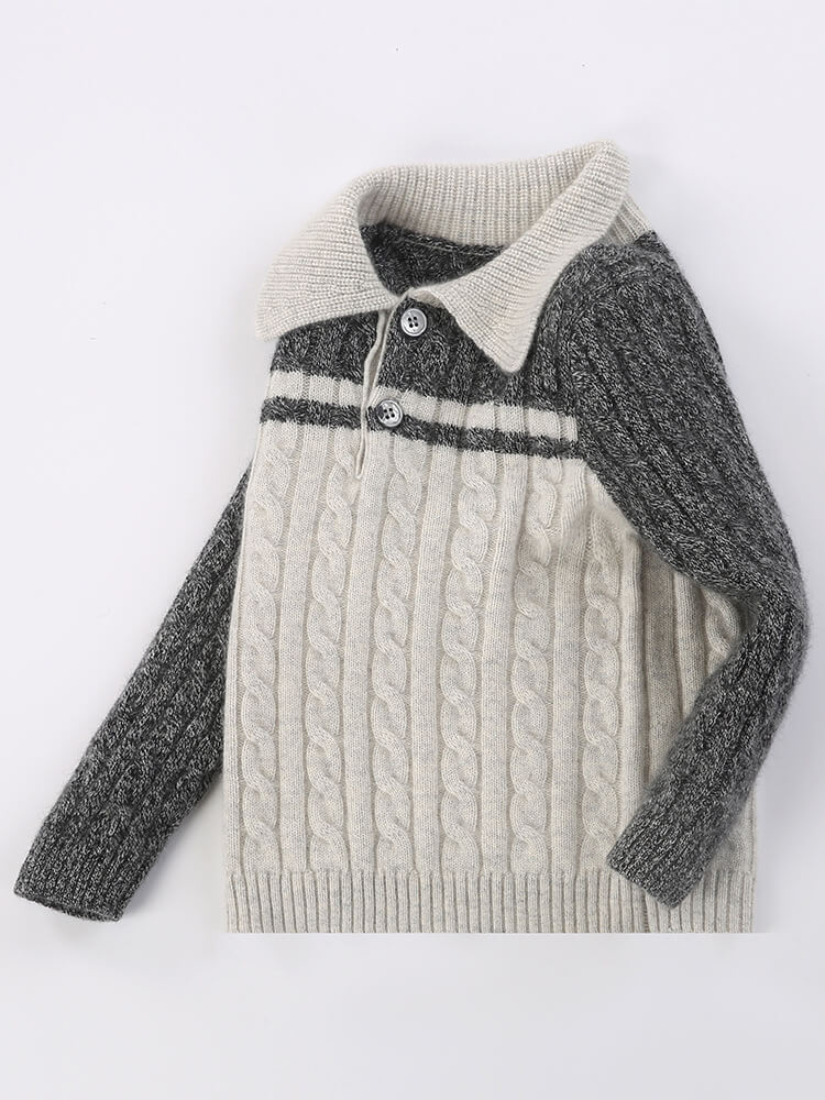 Cable Knit Cashmere Button Collar Sweater with Contrast Sleeves